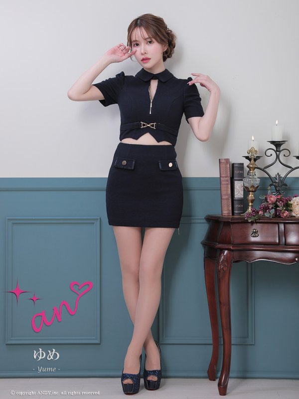 画像19: XSサイズあり【an /アン】 セットアップ/ ワンカラー/ 半袖/ フロントジップ/ 襟付き/ タイト/ ミニドレス/ キャバドレス[OF05] (19)