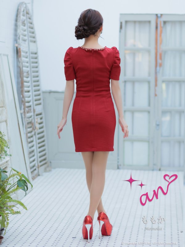 画像4: XSサイズあり【an /アン】 ワンカラー/ ツイード/ フロントジップ/ チェーンデザイン/ 袖あり/ 半袖/ タイト/ ミニドレス/ キャバドレス[OF05] (4)