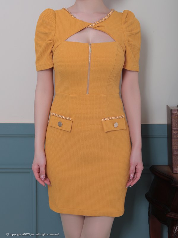 画像14: XSサイズあり【an /アン】 ワンカラー/ ツイード/ フロントジップ/ チェーンデザイン/ 袖あり/ 半袖/ タイト/ ミニドレス/ キャバドレス[OF05] (14)