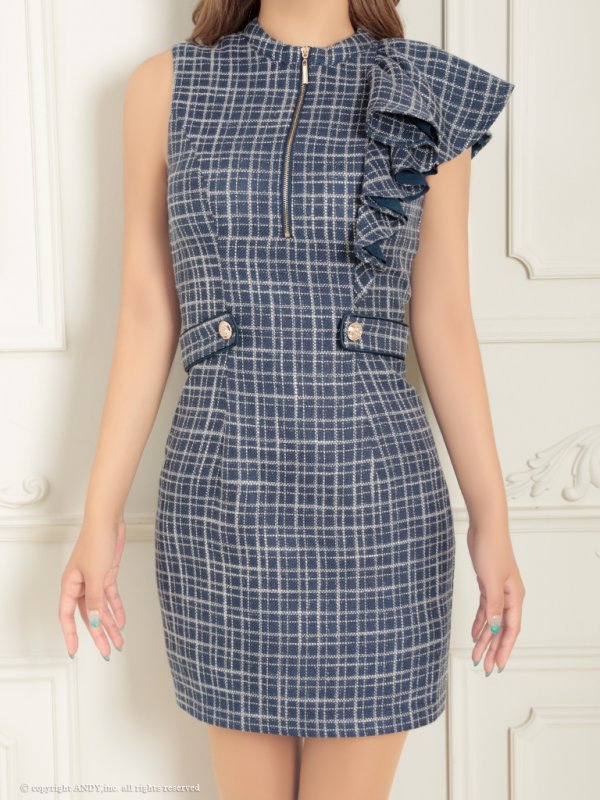 画像37: XSサイズあり【an /アン】 フリルショルダー/ アシメデザイン/ フロントジップ/ ノースリーブ/ チェック柄/ タイト/ ミニドレス/ キャバドレス[OF05] (37)