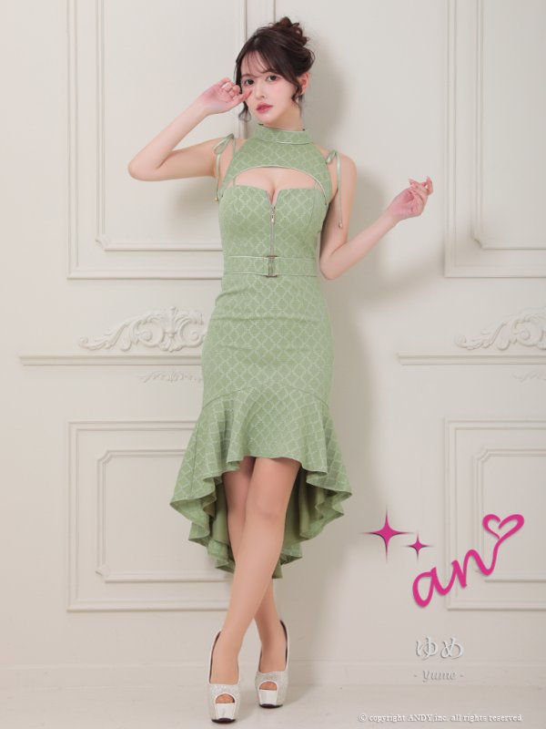 画像34: XSサイズあり【an /アン】バストカットアウト/ ハイネック/ フロントジップ/ ベルト/ ノースリーブ/ テールカット/ マーメイド/ ミディアムドレス/ キャバドレス[OF05] (34)