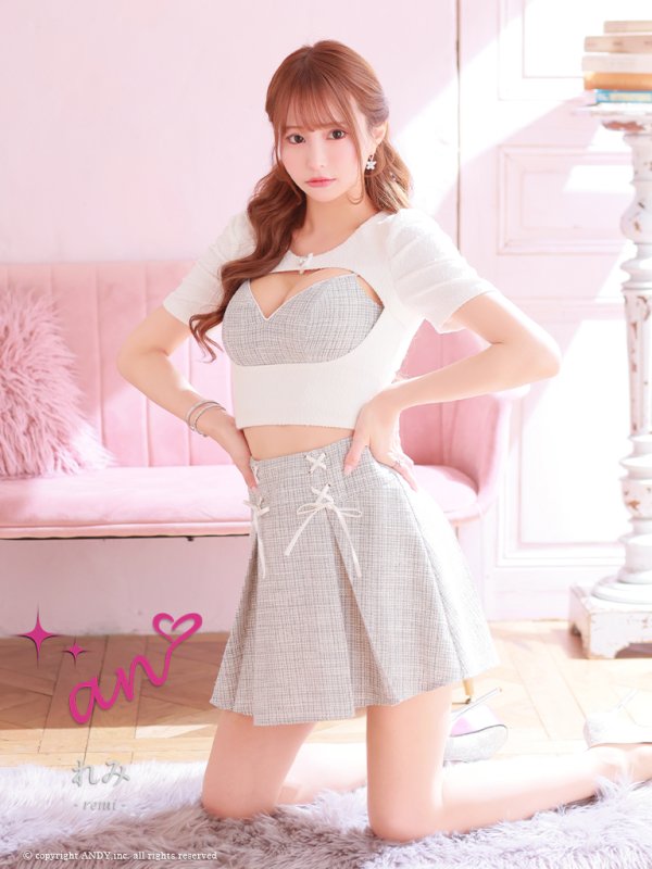 画像2: XSサイズあり【an /アン】ツイード/ 2way/ キャミソール/ 袖あり/ パフスリーブ/ プリーツ/ 編み上げ/ Aライン/ セットアップ/ ミニドレス/ キャバドレス[OF05] (2)