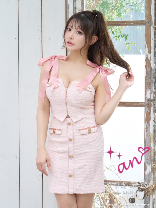 画像36: XSサイズあり【an /アン】 ショルダーリボン/ フロントジップ/ ゴールドバックル/ ボタン/ セットアップ/タイト/ ミニドレス/ キャバドレス[OF05] (36)