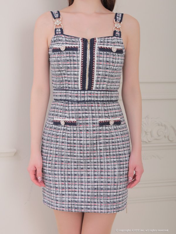 画像16: XSサイズあり【an /アン】ツイード/ フロントジップ/ ショルダーバックル/ ノースリーブ/ タイト/ ミニドレス/ キャバドレス[OF05] (16)