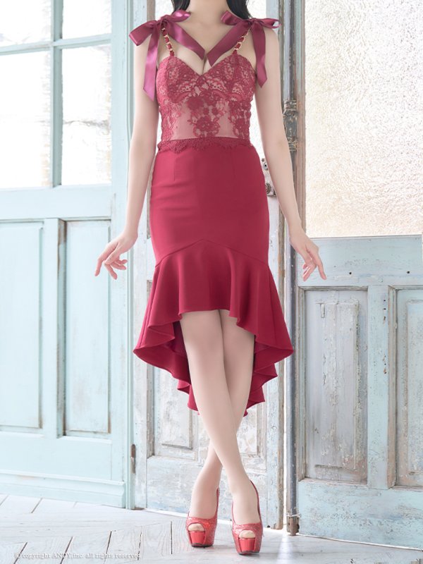 画像13: 【an /アン】リボン/ マーメイド/ テールカット/ キャミ/ レース/ チェーン/ テールカット/ ミディアムドレス/ キャバドレス[OF05] (13)