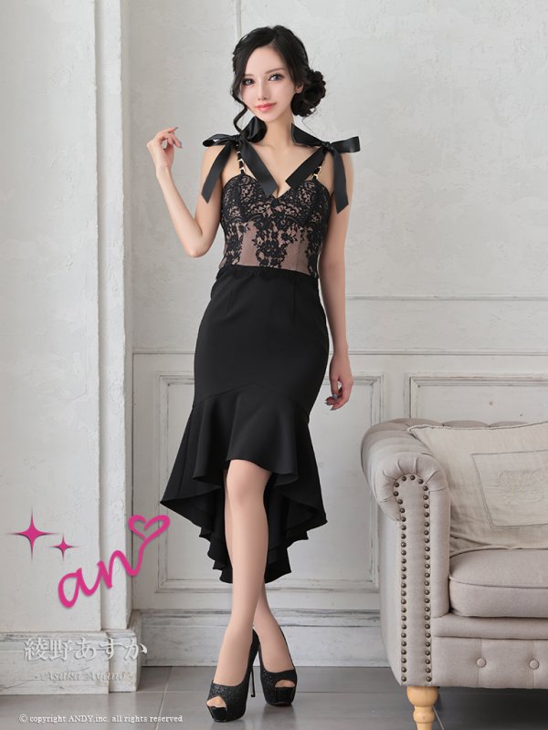 画像3: 【an /アン】リボン/ マーメイド/ テールカット/ キャミ/ レース/ チェーン/ テールカット/ ミディアムドレス/ キャバドレス[OF05] (3)