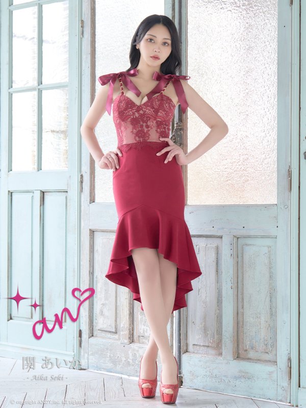 画像10: 【an /アン】リボン/ マーメイド/ テールカット/ キャミ/ レース/ チェーン/ テールカット/ ミディアムドレス/ キャバドレス[OF05] (10)