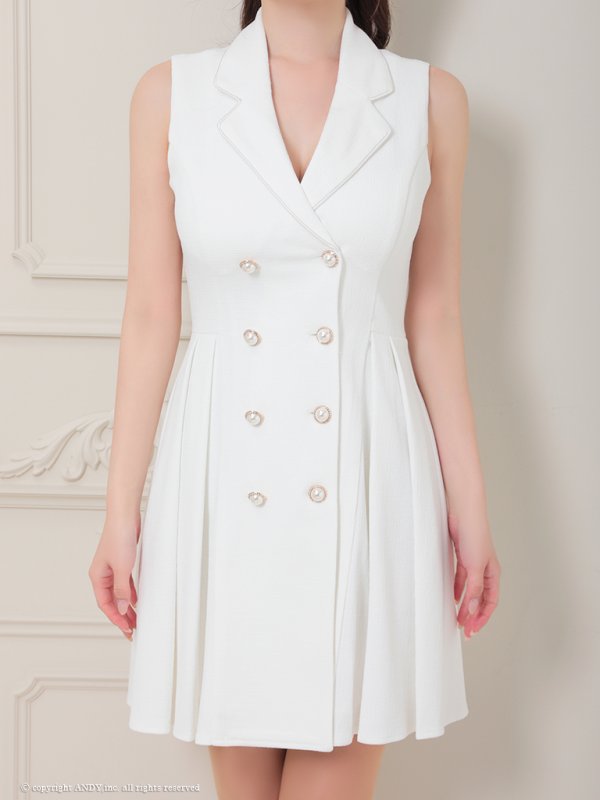 画像11: XSサイズあり【an/アン】襟付き/ パールボタン/ ジャケット風/ ノースリーブ/ プリーツ/ フレア/ ワンピース/ ミニドレス/ キャバドレス[OF05] (11)