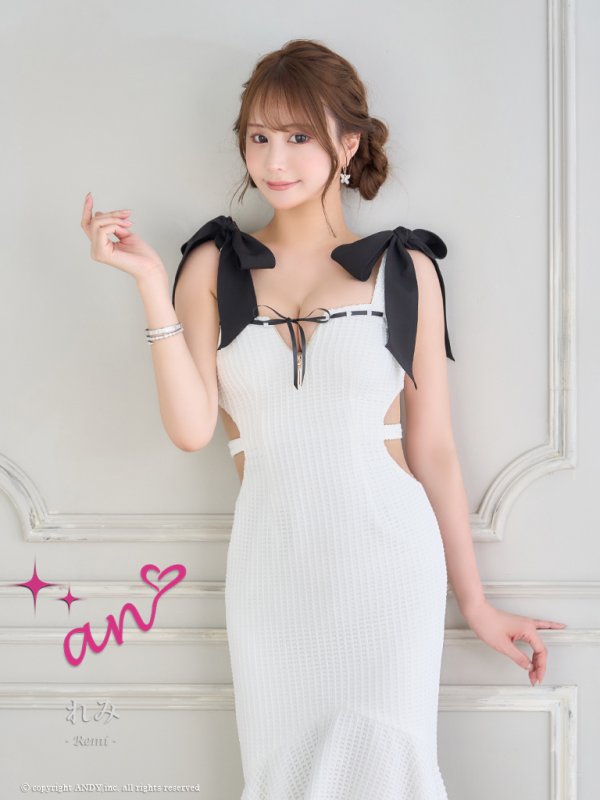 画像10: XSサイズあり【an /アン】マーメイド/ カットアウト/ ショルダーリボン/ フロントジップ/ ノースリーブ/ テールカット/ ミディアムドレス/ キャバドレス[OF05] (10)