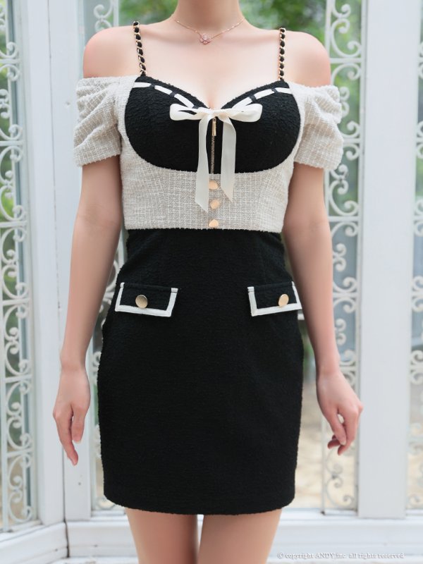 画像16: XSサイズあり【an /アン】 オフショル/ フロントジップ/ リボン/ ツイード/ 切り替え/ バイカラー/ ショルダーチェーン/ タイト/ ミニドレス/ キャバドレス[OF05] (16)