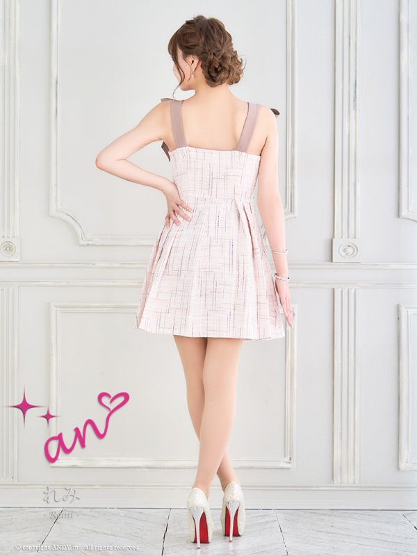 画像12: XSサイズあり【an /アン】ツイード/ パールボタン/ ショルダーリボン/ ノースリーブ/ フレア/ 裾プリーツ/ ミニドレス/ キャバドレス[OF05] (12)