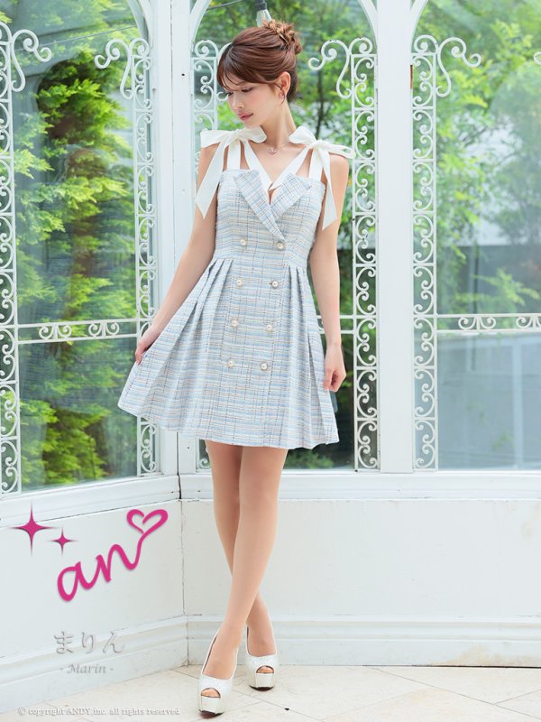 画像2: XSサイズあり【an /アン】ツイード/ パールボタン/ ショルダーリボン/ ノースリーブ/ フレア/ 裾プリーツ/ ミニドレス/ キャバドレス[OF05] (2)