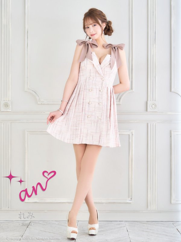 画像10: XSサイズあり【an /アン】ツイード/ パールボタン/ ショルダーリボン/ ノースリーブ/ フレア/ 裾プリーツ/ ミニドレス/ キャバドレス[OF05] (10)