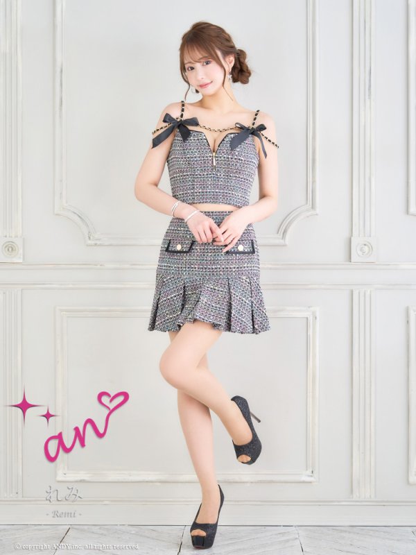 画像12: XSサイズあり【an /アン】リボン付き/ チェーンショルダー/ フロントジップ/ プリーツ/ Aライン/ セットアップ/ ミニドレス/ キャバドレス[OF05] (12)