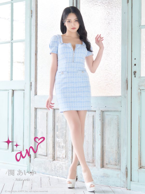 画像3: XSサイズあり【an/アン】ミックスツイード/ フロントジッパー/ 半袖/ パフスリーブ/ 袖あり/ タイト/ ミニドレス/ キャバドレス[OF05] (3)