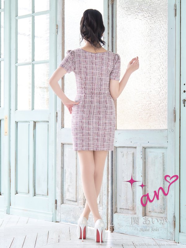画像23: XSサイズあり【an /アン】 ストレッチ/ ツイード/ カットアウト/ パールボタン/ 半袖/ 袖あり/ タイト/ ミニドレス/ キャバドレス[OF05] (23)