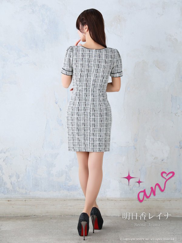 画像15: XSサイズあり【an /アン】 ストレッチ/ ツイード/ カットアウト/ パールボタン/ 半袖/ 袖あり/ タイト/ ミニドレス/ キャバドレス[OF05] (15)