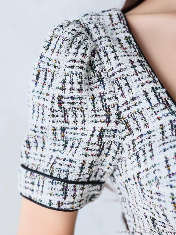 画像17: XSサイズあり【an /アン】 ストレッチ/ ツイード/ カットアウト/ パールボタン/ 半袖/ 袖あり/ タイト/ ミニドレス/ キャバドレス[OF05] (17)