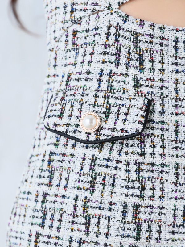 画像18: XSサイズあり【an /アン】 ストレッチ/ ツイード/ カットアウト/ パールボタン/ 半袖/ 袖あり/ タイト/ ミニドレス/ キャバドレス[OF05] (18)