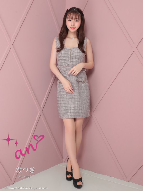 画像2: XSサイズあり【an /アン】 ツイード/ フロントジップ/ チェーン/ ノースリーブ/ ポケットデザイン/タイト/ ミニドレス/ キャバドレス[OF05] (2)