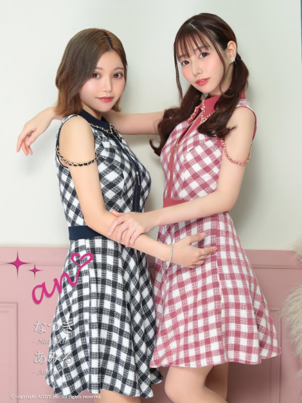 画像17: XSサイズあり【an /アン】 ノースリーブ/ 襟あり/ ツイードチェック/ チェーン/ フロントジップ/ Aライン/フレア/ ミニドレス/ キャバドレス[OF05] (17)