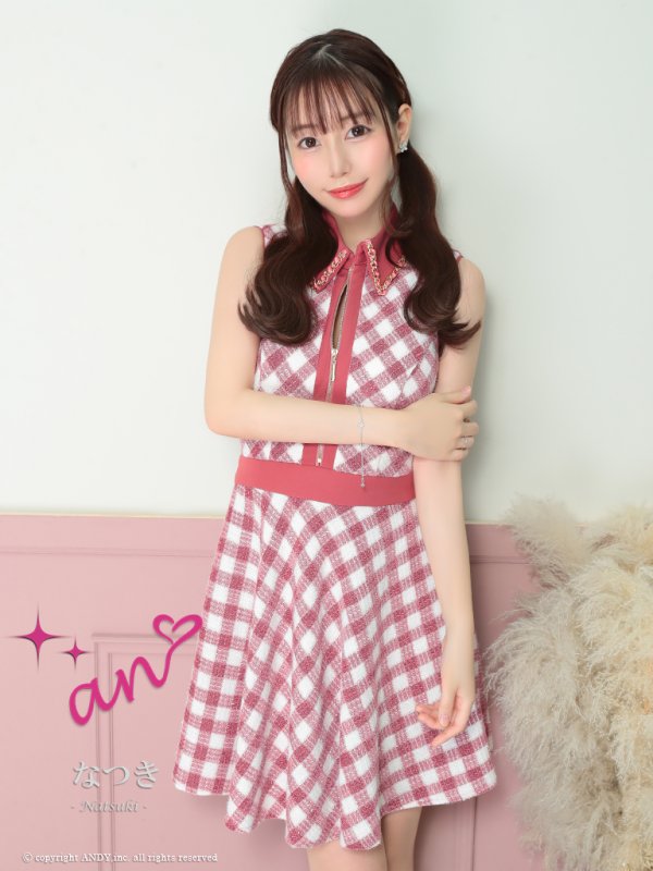 画像2: XSサイズあり【an /アン】 ノースリーブ/ 襟あり/ ツイードチェック/ チェーン/ フロントジップ/ Aライン/フレア/ ミニドレス/ キャバドレス[OF05] (2)