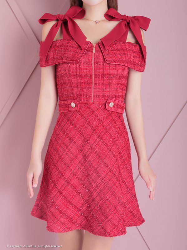 画像12: XSサイズあり【an/アン】チェック柄/ オフショルダー/ ショルダーリボン/ フロントジップ/ Aライン/ フレア/ ミニドレス/ キャバドレス[OF05] (12)