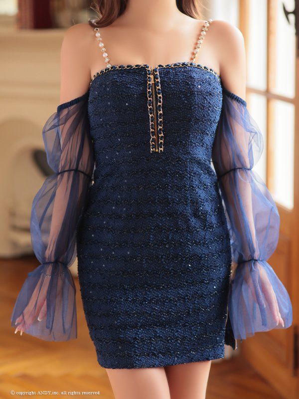 画像45: XSサイズあり【an /アン】袖取り外し可能/ チュール/ ツイード/ リボン/ チェーン/ パール/ キャミソール/ タイト/ ミニドレス/ キャバドレス[OF05] (45)