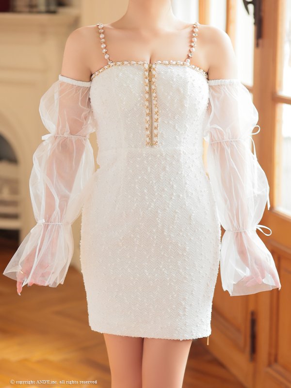 画像37: XSサイズあり【an /アン】袖取り外し可能/ チュール/ ツイード/ リボン/ チェーン/ パール/ キャミソール/ タイト/ ミニドレス/ キャバドレス[OF05] (37)