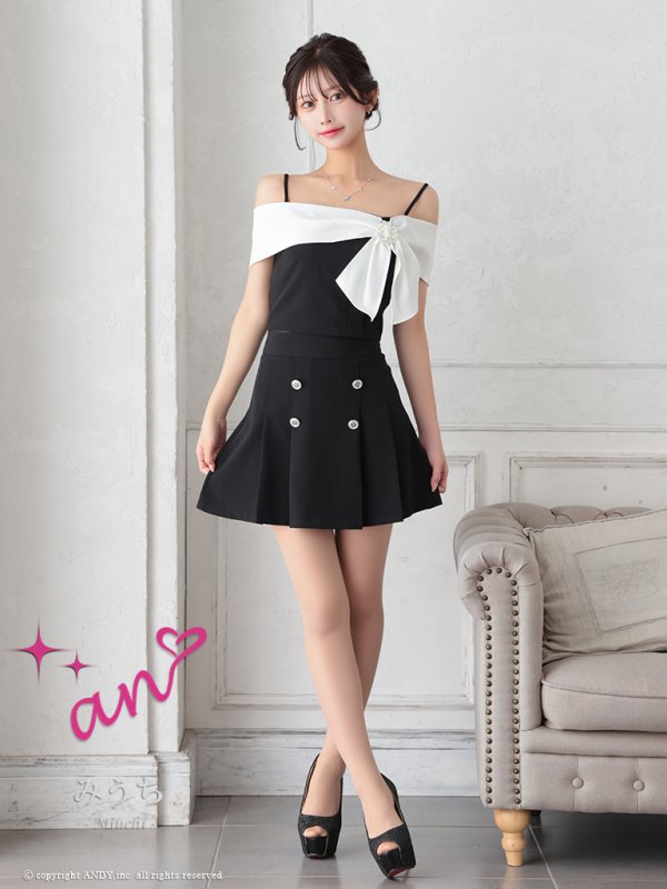 画像13: XSサイズあり【an /アン】バイカラー/ リボン/ オフショル/ プリーツ/ フレア/ セットアップ/ ミニドレス/ キャバドレス[OF05] (13)