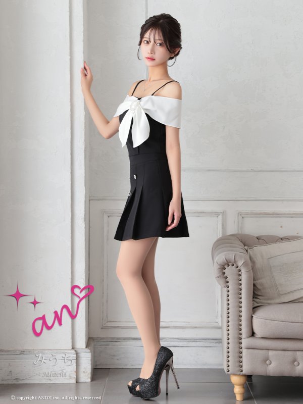 画像14: XSサイズあり【an /アン】バイカラー/ リボン/ オフショル/ プリーツ/ フレア/ セットアップ/ ミニドレス/ キャバドレス[OF05] (14)