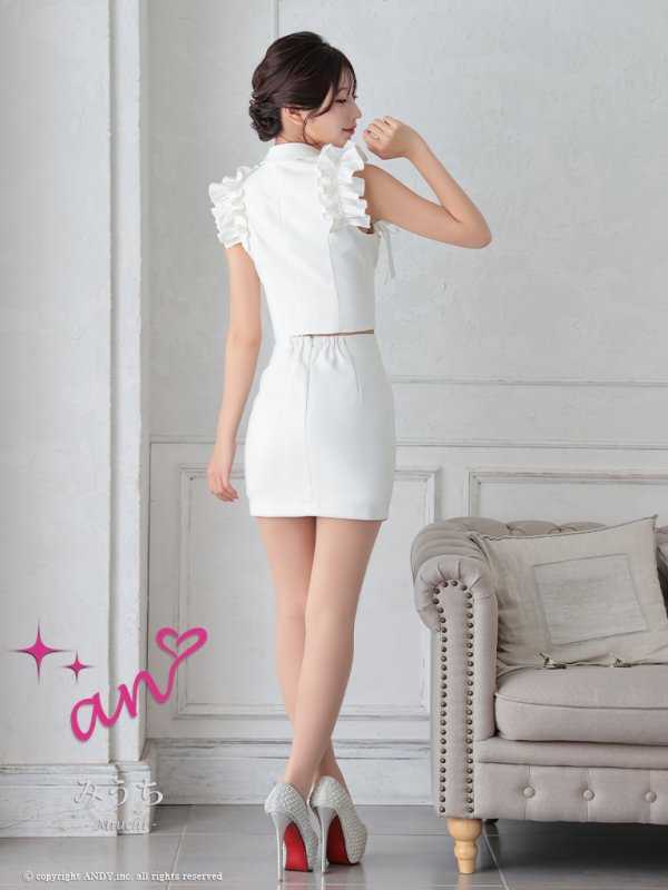 画像14: XSサイズあり【an /アン】セットアップ/ ノースリーブ/ フリルショルダー/ フロントジップ/ ボタン/ タイト/ ミニドレス/ キャバドレス[OF05] (14)