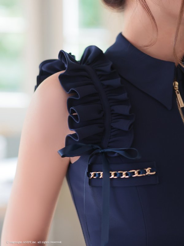 画像7: XSサイズあり【an /アン】セットアップ/ ノースリーブ/ フリルショルダー/ フロントジップ/ ボタン/ タイト/ ミニドレス/ キャバドレス[OF05] (7)