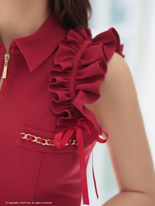 画像35: XSサイズあり【an /アン】セットアップ/ ノースリーブ/ フリルショルダー/ フロントジップ/ ボタン/ タイト/ ミニドレス/ キャバドレス[OF05] (35)