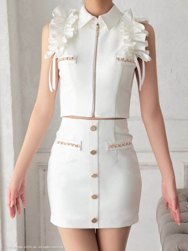 画像15: XSサイズあり【an /アン】セットアップ/ ノースリーブ/ フリルショルダー/ フロントジップ/ ボタン/ タイト/ ミニドレス/ キャバドレス[OF05] (15)