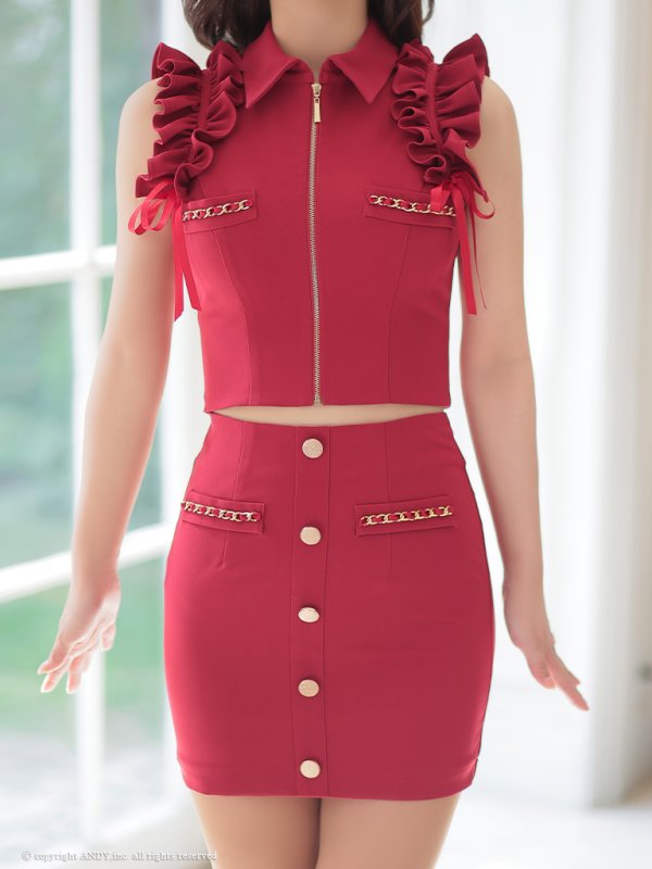 画像34: XSサイズあり【an /アン】セットアップ/ ノースリーブ/ フリルショルダー/ フロントジップ/ ボタン/ タイト/ ミニドレス/ キャバドレス[OF05] (34)