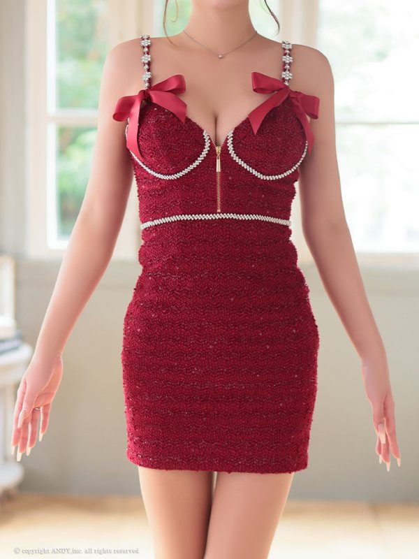 画像40: XSサイズあり【an /アン】 ショルダービジュー/ リボン/ フロントジップ/ ストレッチ/ タイト/ ミニドレス/ キャバドレス[OF05] (40)