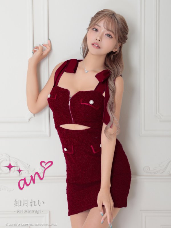 画像17: XSサイズあり【an /アン】 ショルダーリボン/ カットアウト/ フロントジップ/ タイト/ ミニドレス/ キャバドレス[OF05] (17)