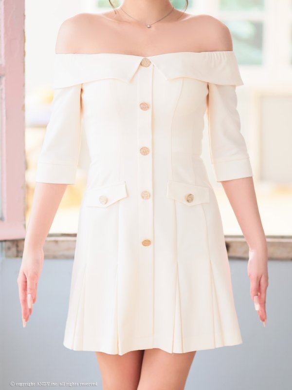 画像18: XSサイズあり【an /アン】オフショルダー/ 袖あり/ ハーフスリーブ/ ボタン/ プリーツ/ Aライン/ ミニドレス/ キャバドレス[OF05] (18)