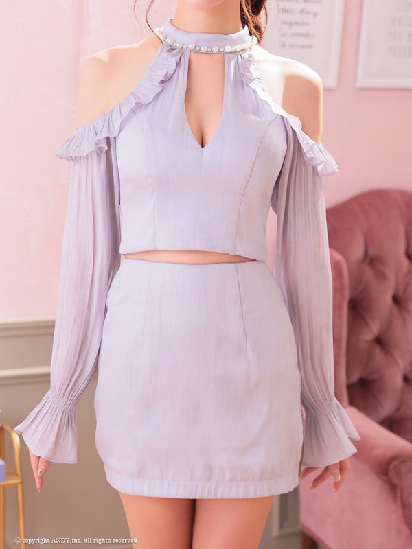 画像14: XSサイズあり【an /アン】フリル/ ネックパール/ ハイネック/ 楊柳シフォン/ バストカット/ タイト/ セットアップ/ ミニドレス/ キャバドレス[OF05] (14)