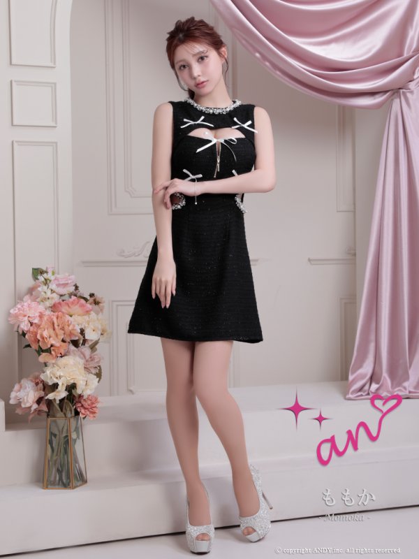 画像19: XSサイズあり【an /アン】ラメツイード/ パール/ ビジュー/ リボン/ カットアウト/ バストジッパー/ ノースリーブ/ フレア/ ミニドレス/ キャバドレス[OF05] (19)