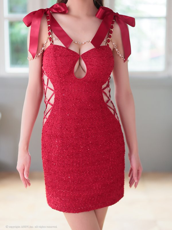画像8: XSサイズあり【an /アン】ショルダーリボン/ チェーン/ ストレッチ/ ツイード/ バストカット/ シアー/ タイト/ ミニドレス/ キャバドレス[OF05] (8)