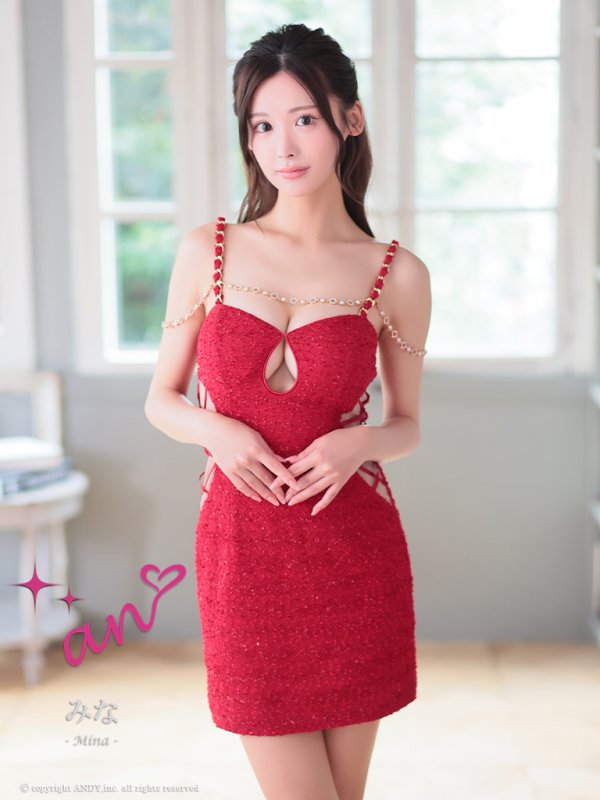 画像4: XSサイズあり【an /アン】ショルダーリボン/ チェーン/ ストレッチ/ ツイード/ バストカット/ シアー/ タイト/ ミニドレス/ キャバドレス[OF05] (4)