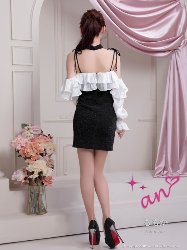 画像16: XSサイズあり【an /アン】2way/ 袖取り外し可能/ フリル/ オフショルダー/ キャミソール/ パール/ ラメ/ タイト/ ミニドレス/ キャバドレス[OF05] (16)