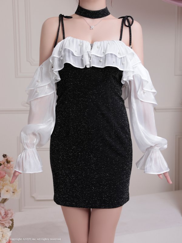 画像17: XSサイズあり【an /アン】2way/ 袖取り外し可能/ フリル/ オフショルダー/ キャミソール/ パール/ ラメ/ タイト/ ミニドレス/ キャバドレス[OF05] (17)