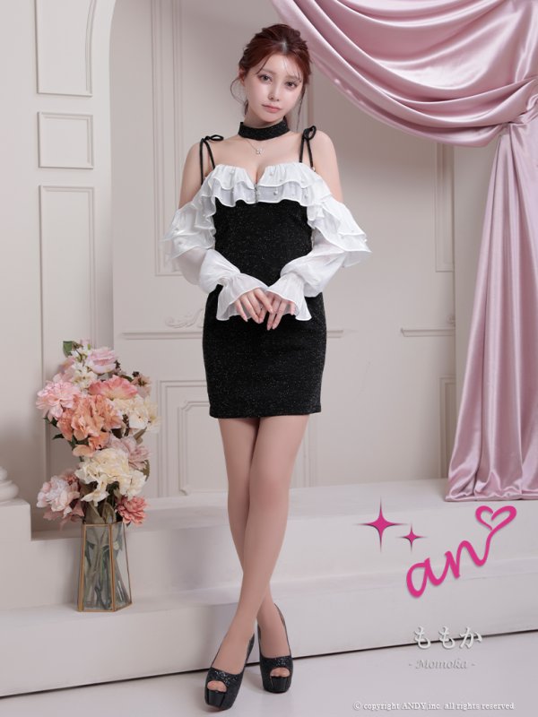 画像14: XSサイズあり【an /アン】2way/ 袖取り外し可能/ フリル/ オフショルダー/ キャミソール/ パール/ ラメ/ タイト/ ミニドレス/ キャバドレス[OF05] (14)