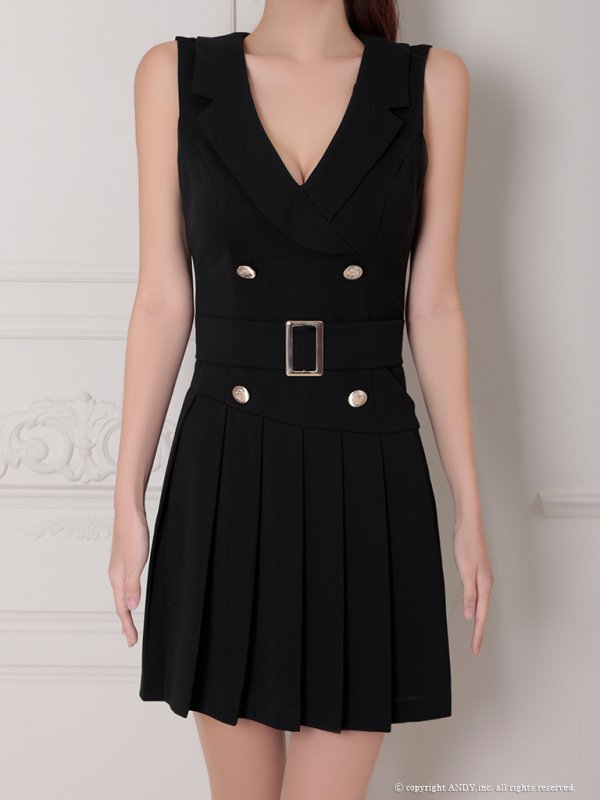 画像13: XSサイズあり【an/アン】ジャケット風襟付き/ ボタン/ ウエストベルト/ ノースリーブ/ プリーツ/ フレア/ ミニドレス/ キャバドレス[OF05] (13)