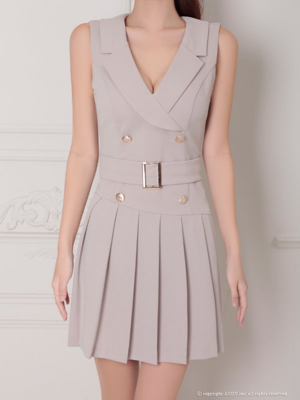 画像5: XSサイズあり【an/アン】ジャケット風襟付き/ ボタン/ ウエストベルト/ ノースリーブ/ プリーツ/ フレア/ ミニドレス/ キャバドレス[OF05] (5)