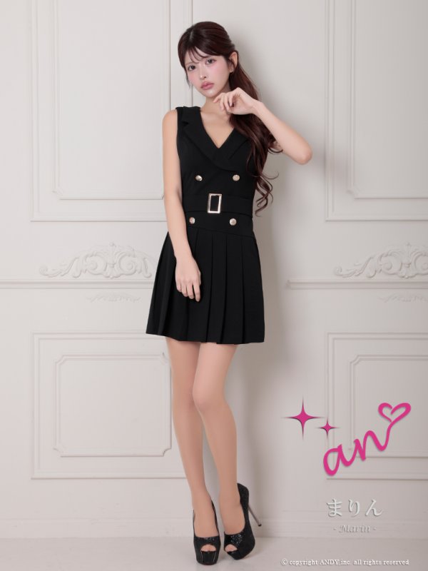 画像10: XSサイズあり【an/アン】ジャケット風襟付き/ ボタン/ ウエストベルト/ ノースリーブ/ プリーツ/ フレア/ ミニドレス/ キャバドレス[OF05] (10)
