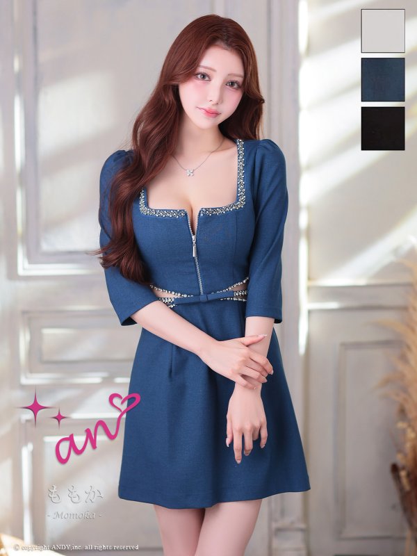 画像9: XSサイズあり【an /アン】ビジュー/ ラメ/ スクエアネック/ バストジップ/ カットアウト/ シアー/ 袖あり/ 五分袖/ タイト/ ミニドレス/ キャバドレス[OF05] (9)